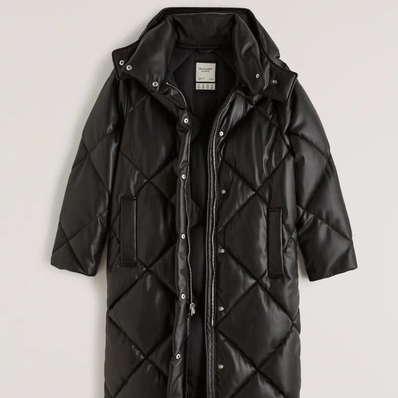❌SOLD ❌ NWT A&F Ultra Long Vegan Leather Quilted Puffer Coat SZ PETITE LARGE - Picture 3 of 12